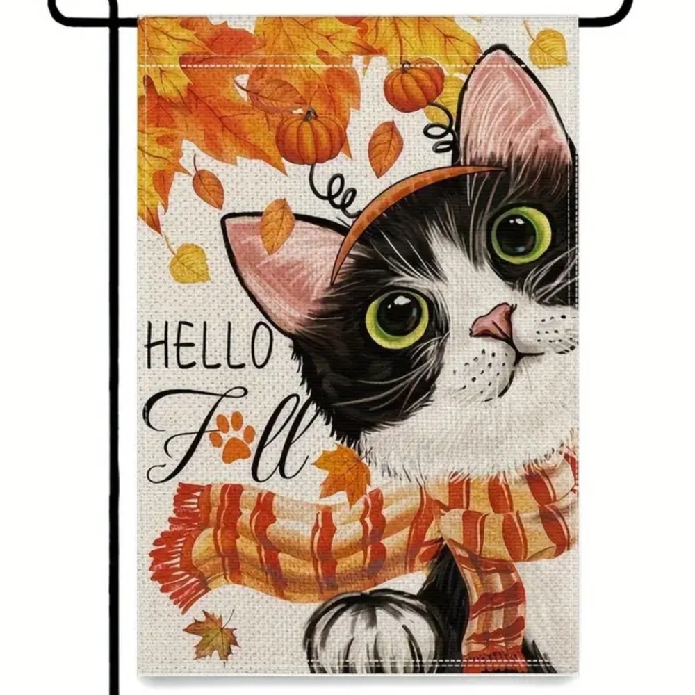 NIP Burlap Double Sided Garden Flag HELLO FALL CAT 1pc, 12” x 18”